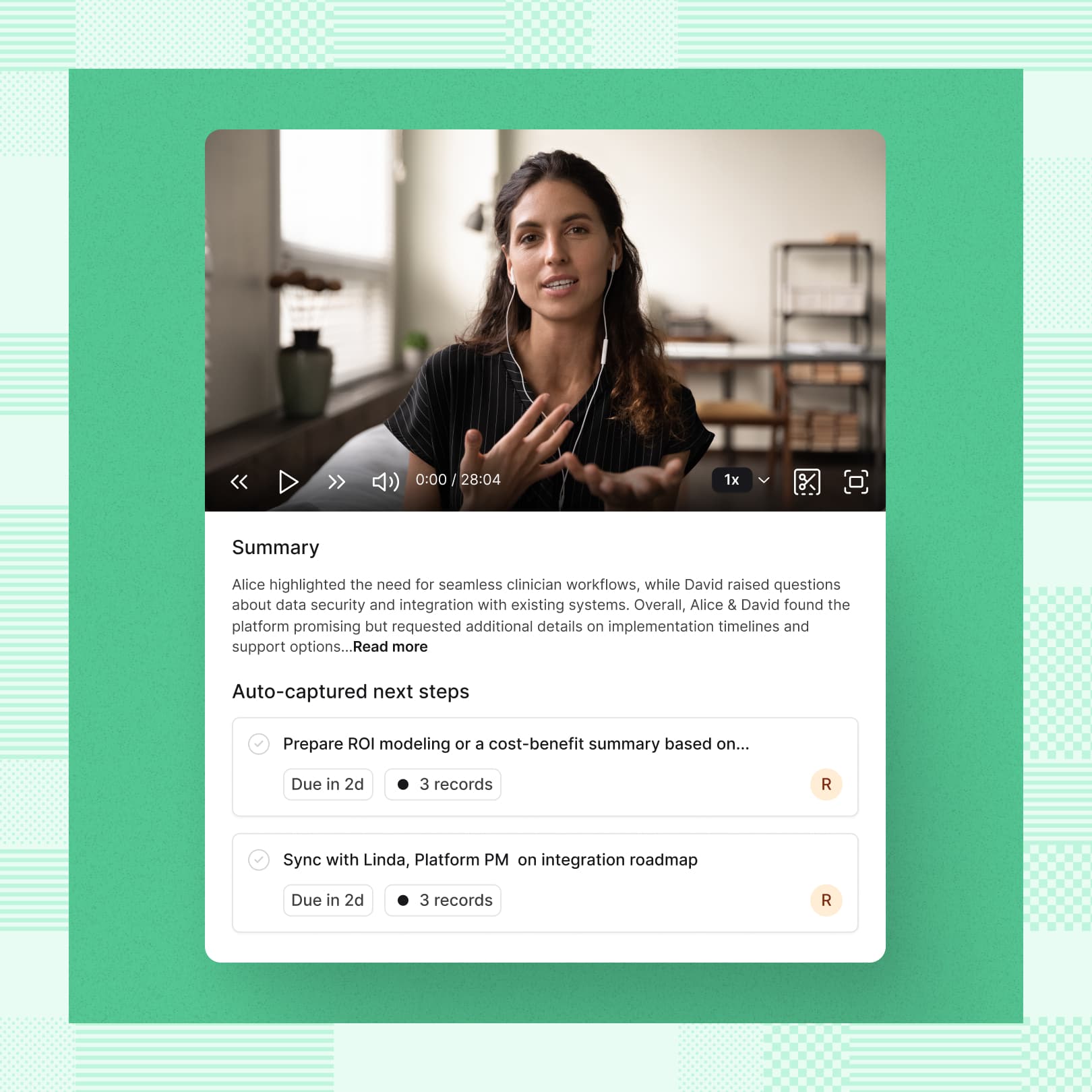 Reevo Sell: Video meeting summary tool with AI-generated transcript, sentiment analysis, and highlights, showing woman in headphones during remote call, business productivity software on blue background