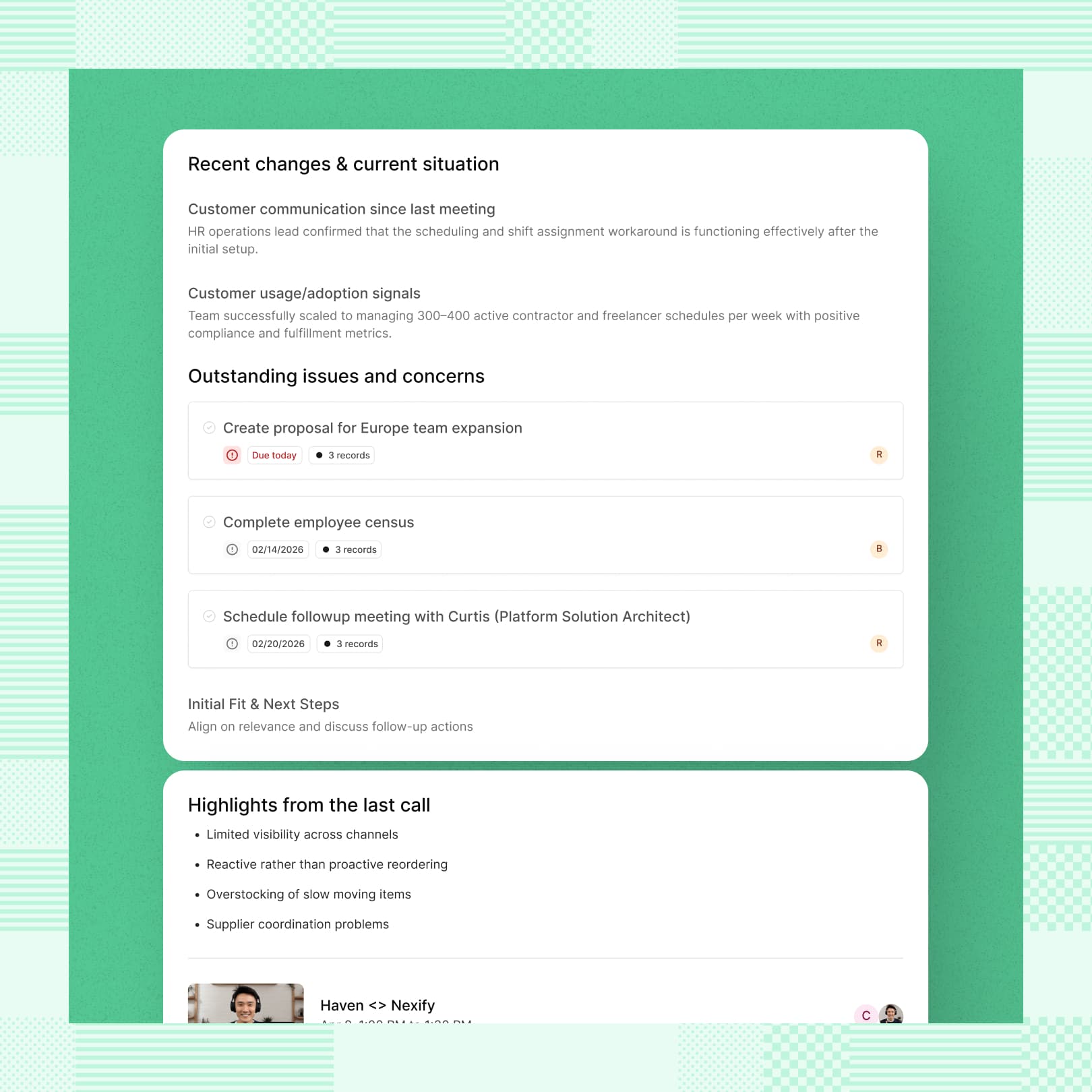 Reevo Win: Video meeting summary tool with AI-generated transcript, sentiment analysis, and highlights, showing woman in headphones during remote call, business productivity software on blue background