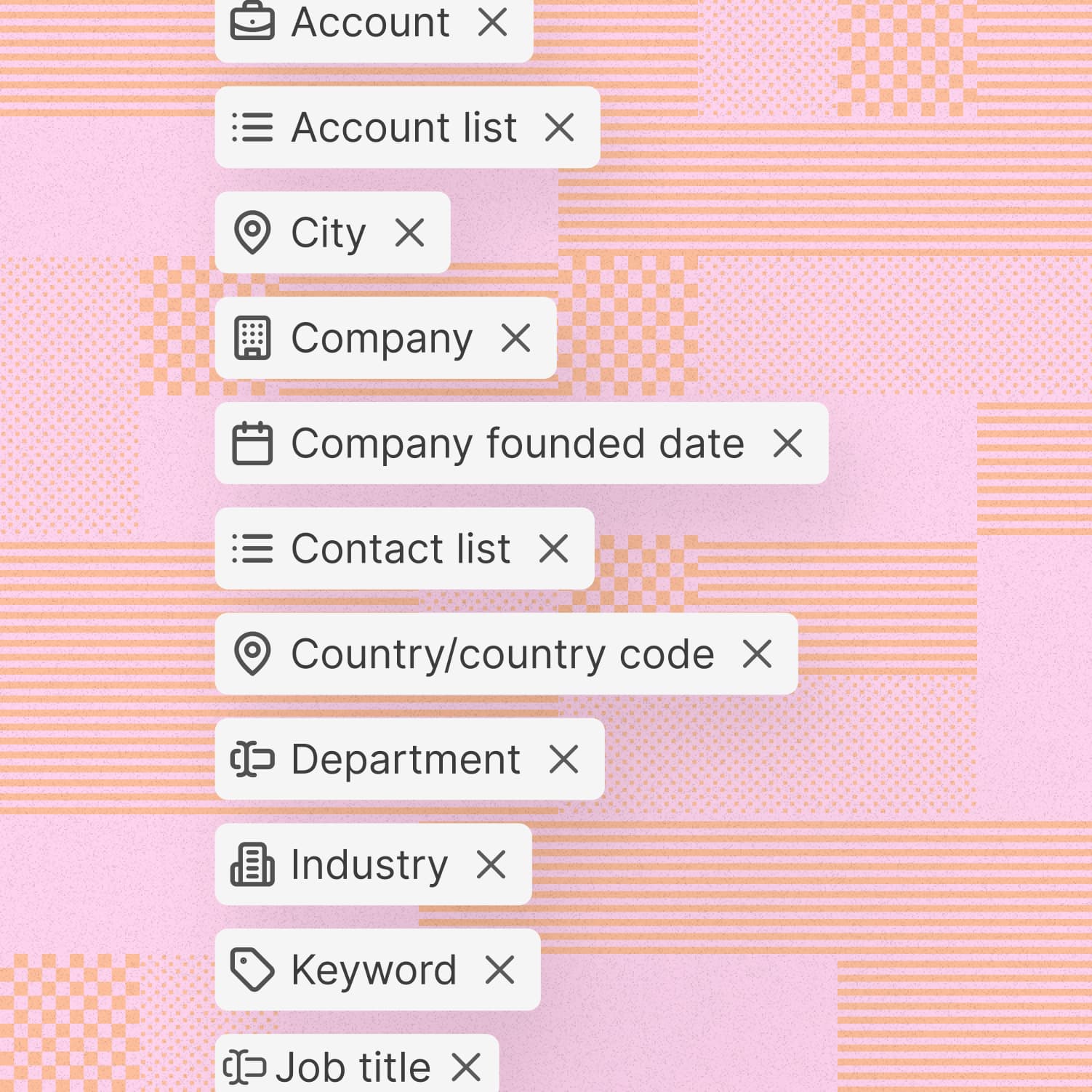 Advanced CRM filters for prospecting and sales outreach, including job title, funding stage, company size, region, revenue, seniority, technology, and years of experience