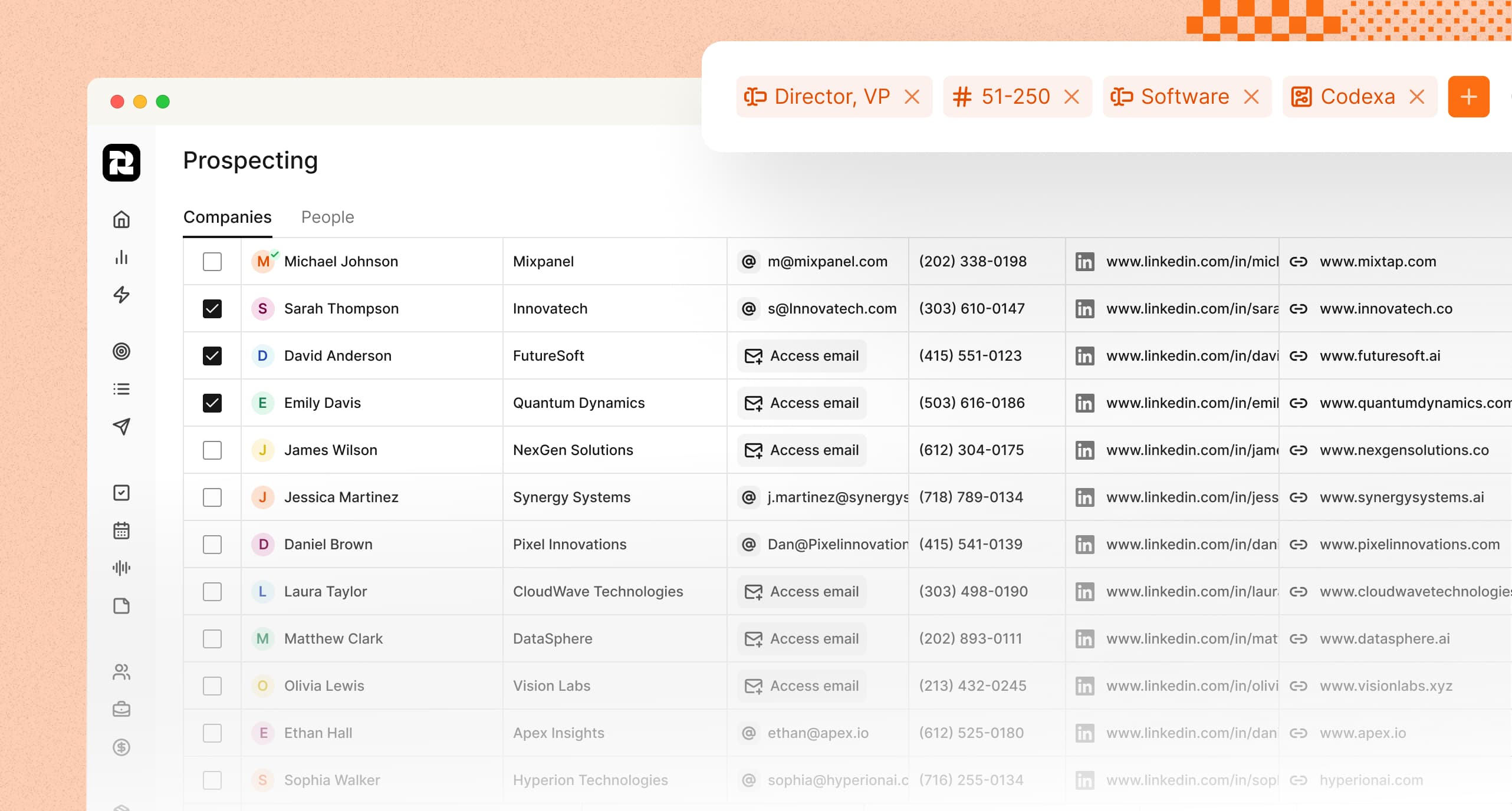 Prospecting dashboard in Reevo CRM showing filtered B2B contact list with names, companies, emails, phone numbers, LinkedIn profiles, and websites for lead generation and outreach