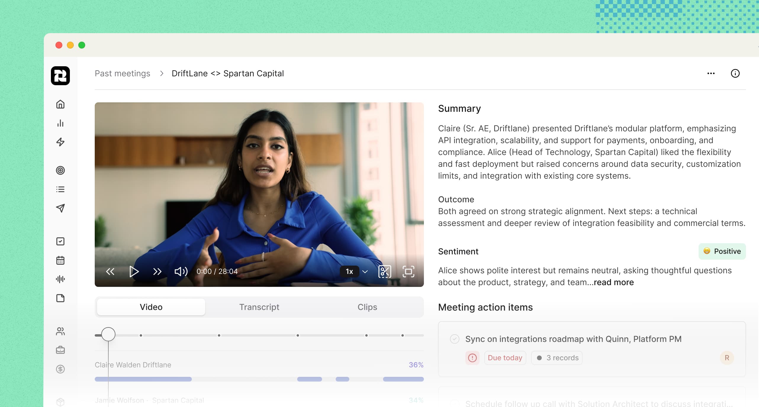 AI meeting assistant in Reevo CRM showing video recording with transcript, automated summary, sentiment analysis, and task generation for sales outreach and follow-up